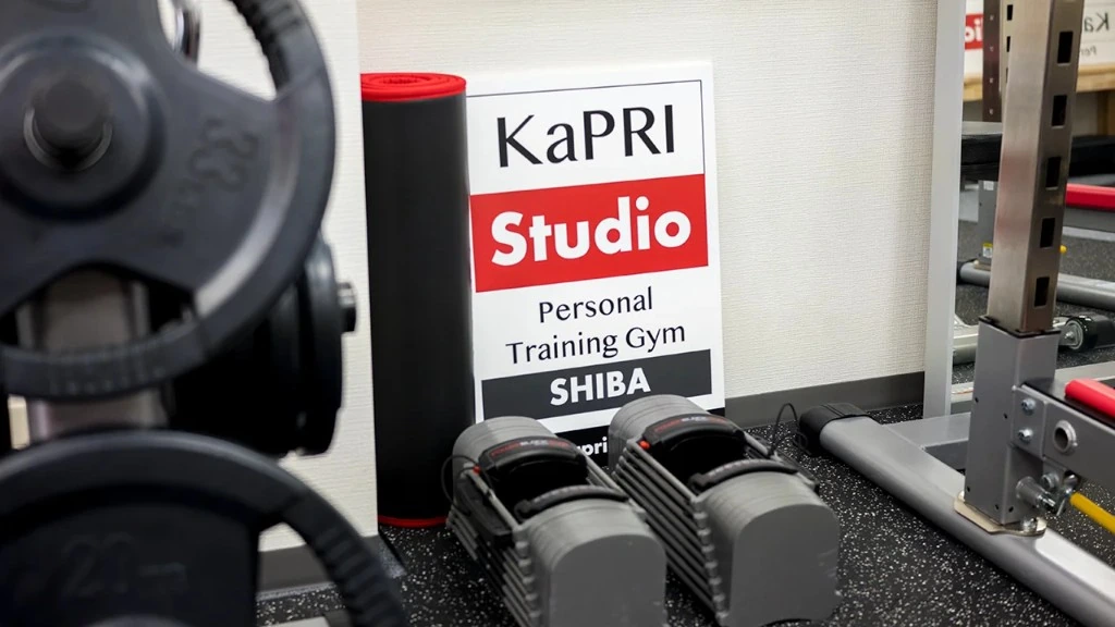 KaPRI Studio SHIBAのスタジオ看板とトレーニング器具